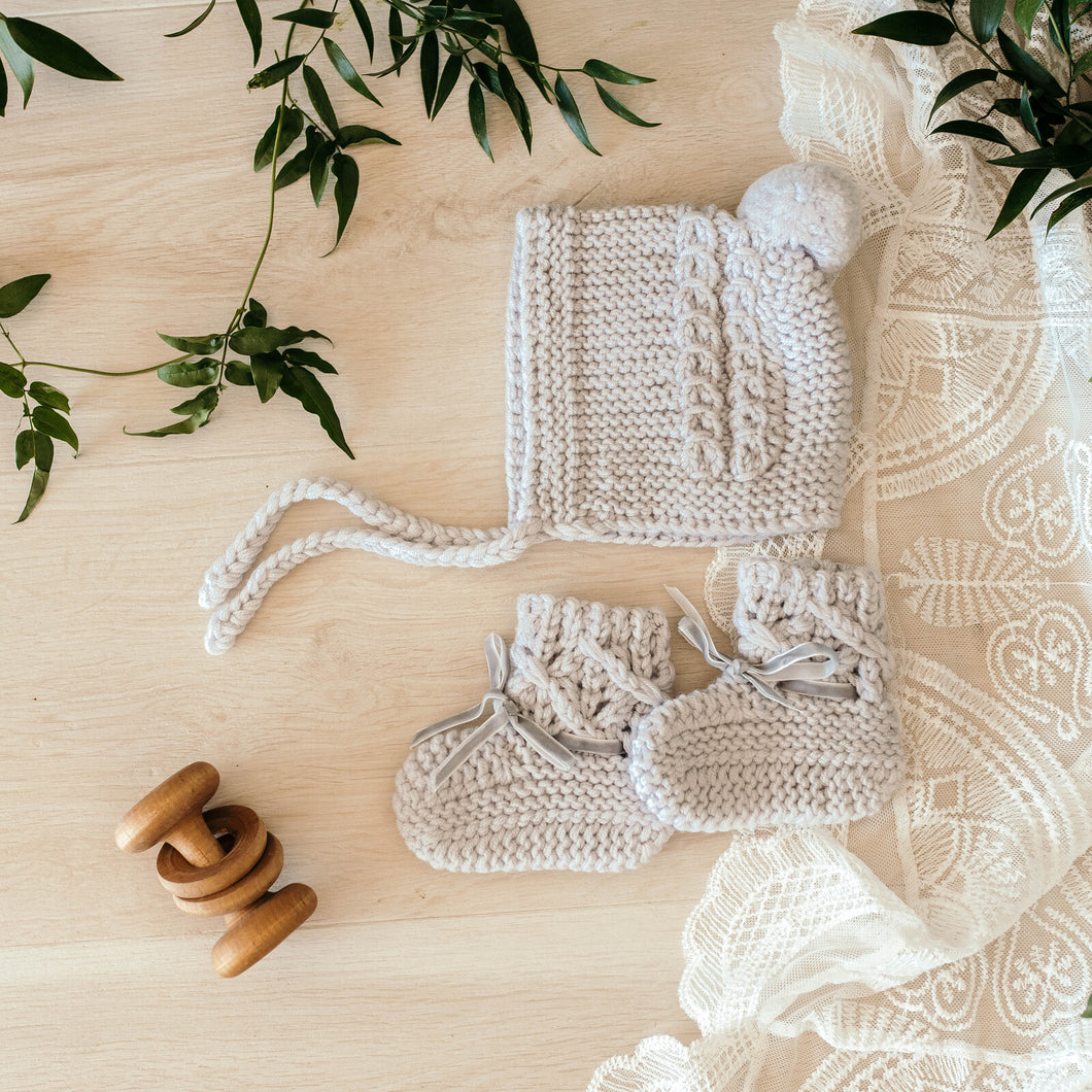 Grey Merino Wool Bonnet & Booties